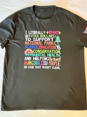 Black Graphic Tee with Multicolor Social Message + USA Flag on Sleeve size 3XL